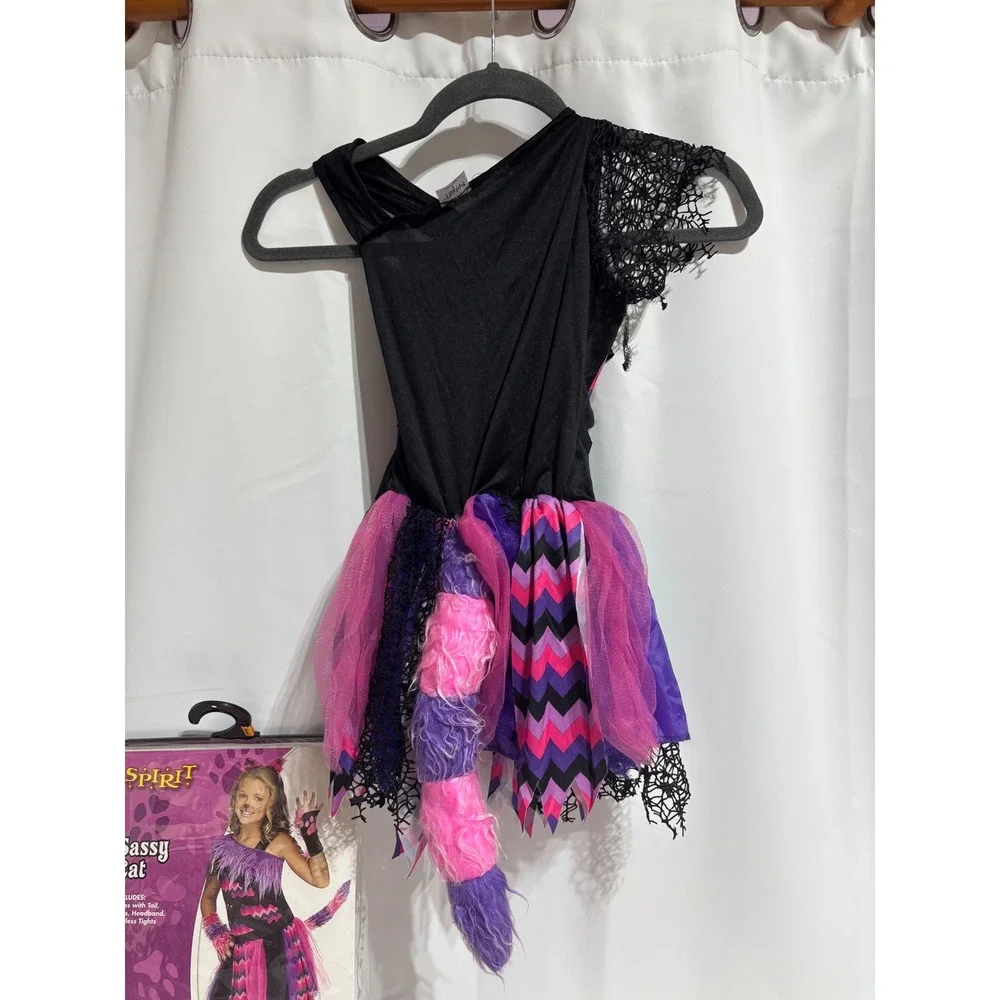 Spirit Sassy Cat Costume Kids Small 4-6 Pink Purple Excellent Chevron 4pc Set